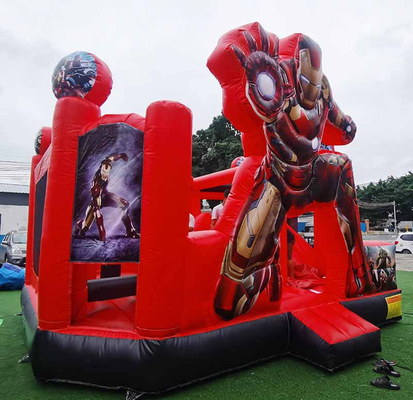 カスタマイズされた 充電式バウンサー カートンテーマ アイアンマン スライド付きバウンサーハウス