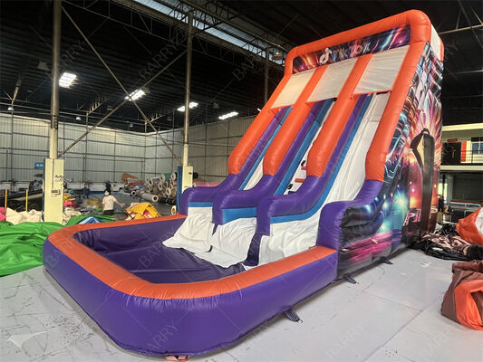 商業グレード ダブルレーン インフレータブル スライド プール付き、トレンディなネオン/TikTokテーマのドライ/ウェット スライド パーティーレンタル＆イベント キッズプレイシステム用