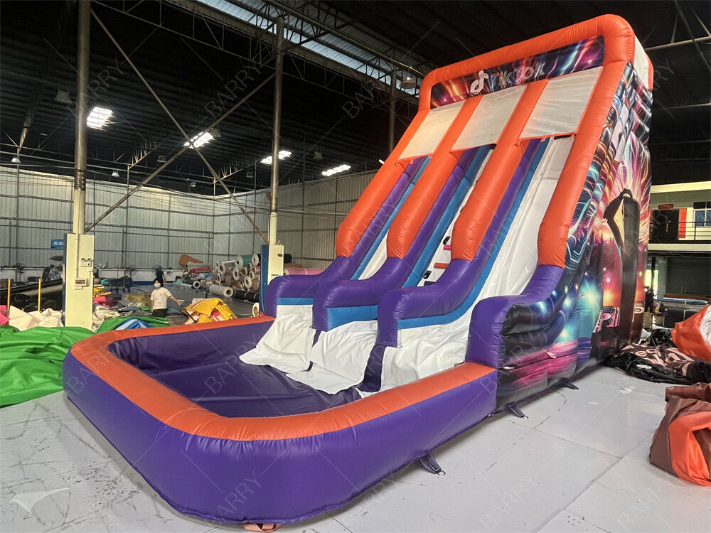 商業グレード ダブルレーン インフレータブル スライド プール付き、トレンディなネオン/TikTokテーマのドライ/ウェット スライド パーティーレンタル＆イベント キッズプレイシステム用